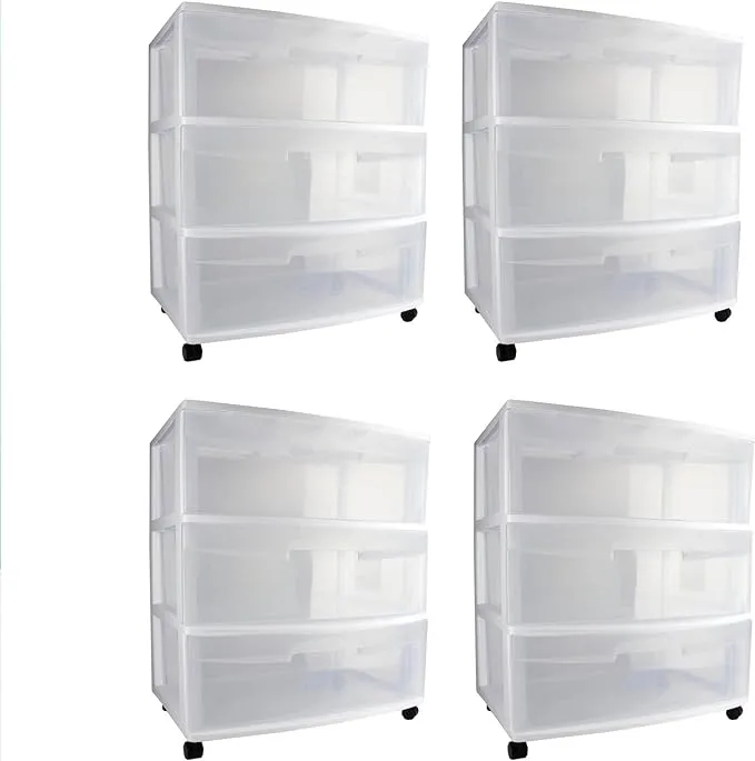 Sterilite Wide 3-Drawer Storage Cart, Organize Items in Bedroom, Kitchen, Bathroom, Craft & Dorm Room, White with Clear Drawers, 4-Pack