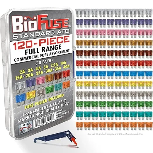 BioFuse 120 Piece Full Range Commercial Fuse Assortment: 120 Standard, ATO, ATC, ATS, APR Automotive Fuses 2A 3A 4A 5A 7.5A 10A 15A 20A 25A 30A 35A 40A, Fuse Puller