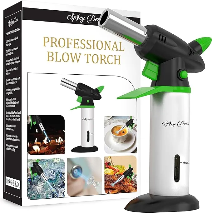 Blow Torch - Creme Brulee Torch - Refillable Professional Chefs Culinary Kitchen Torch with Safety Lock and Adjustable Flame - Micro Butane Torch with Fuel Gauge - Cooking Food Torch