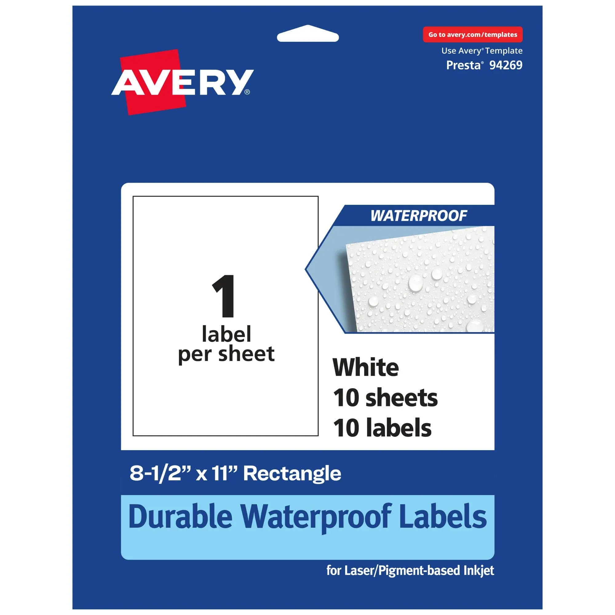 Avery® Waterproof Permanent Labels, 94269-WMF10, Rectangle, 8-1/2"" x 11"", White, Pack Of 10