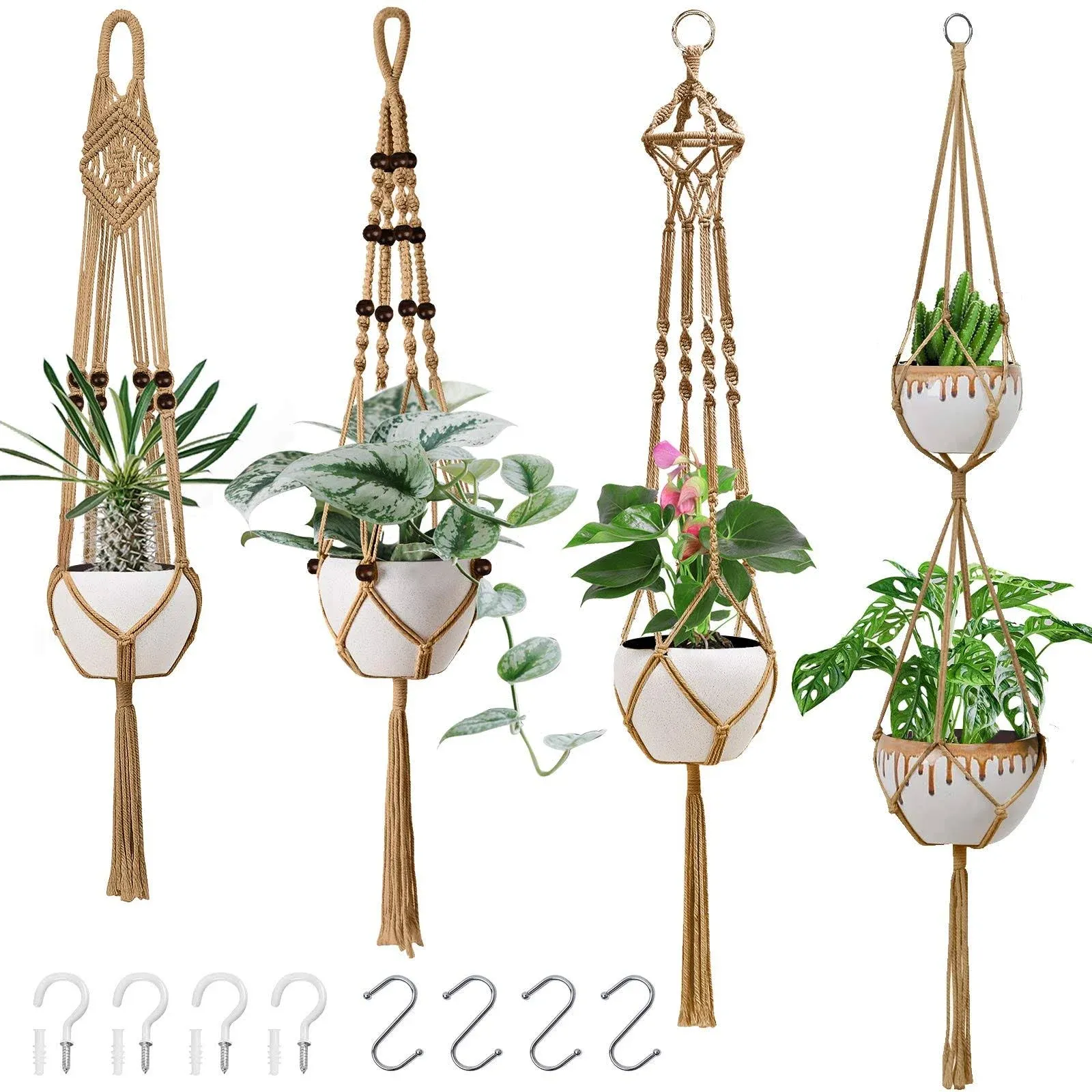 BUENAVO 4 Pack Macrame Plant Hangers, Indoor Hanging Ceiling Planters with 8 ...