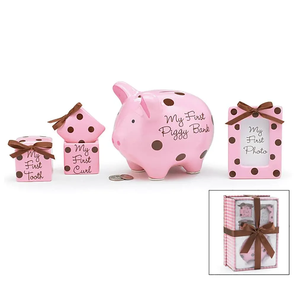 4 Piece Baby Girl Gift Set with Piggy Bank,First Curl, First Tooth,Photo Frame.Great Keepsake Gift