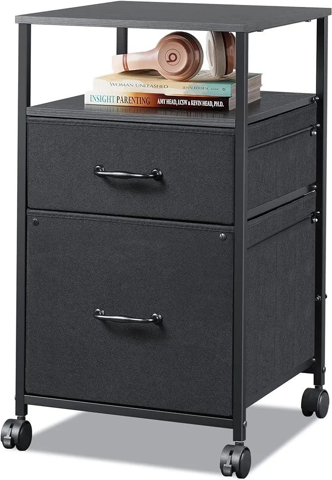  2 Drawer Mobile File Cabinet, Rolling Printer Stand, Black + Rustic Brown