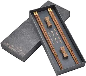 Wooden Chopsticks Reusable with Case, Chinese Chop Sticks Set with Holder 2 Pair (Wenge)