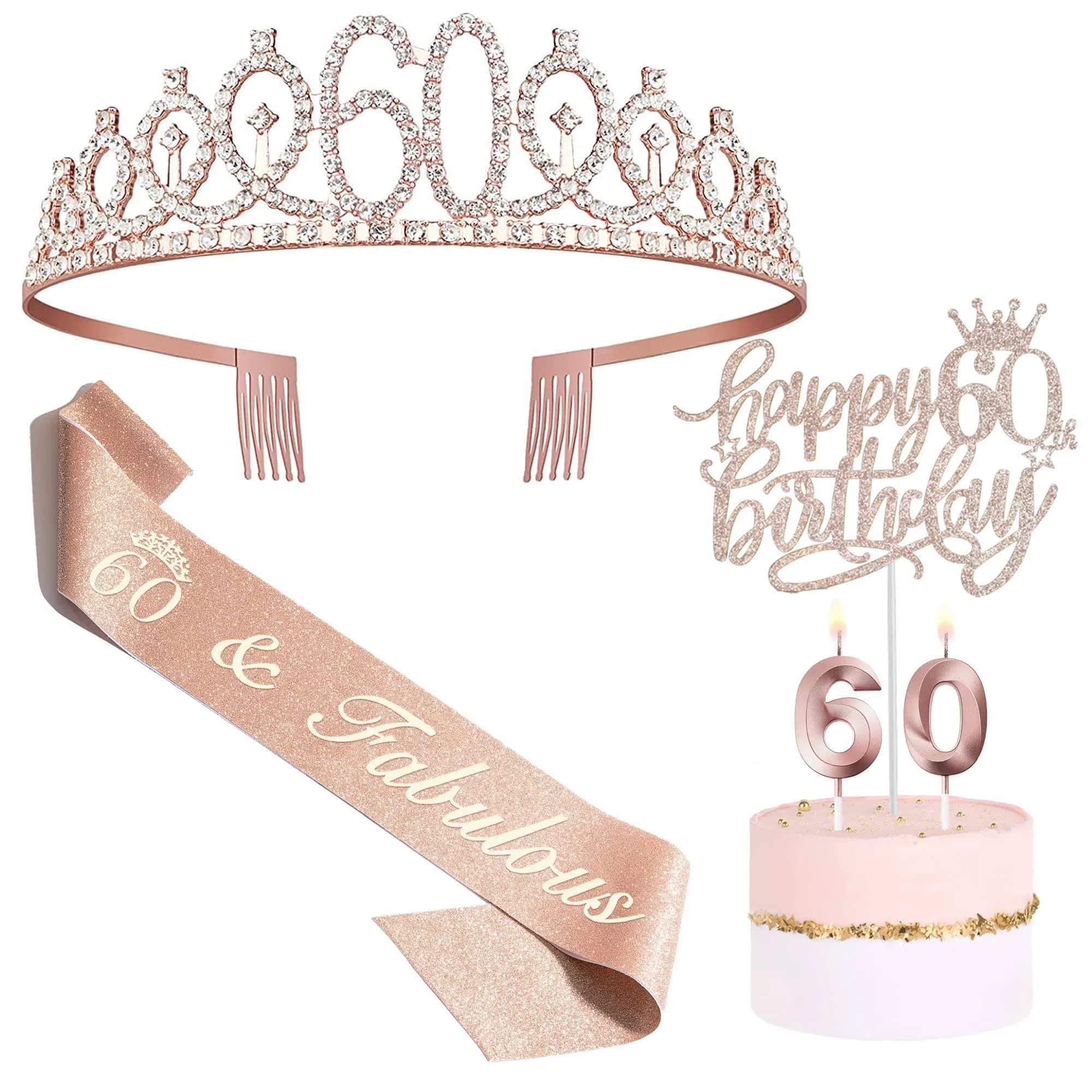 Bella Meri 60th Birthday Gifts for Women, 60th Birthday Tiara Crown, Sash, Cake Toppers,Birthday Candles, 60 Birthday Decoration