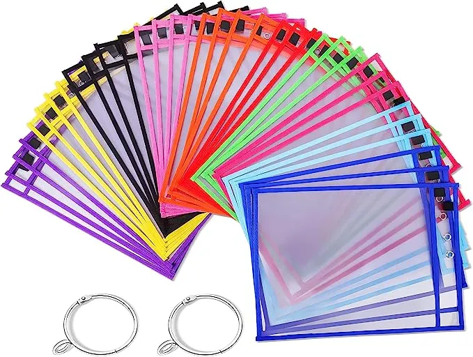 Puroma 35 Pack Dry-Erase Pockets Reusable Plastic Sleeves Assorted Colors Waterproof Pocket with 2 Rings for Classroom, School, Office, Home - ColorfulPuroma 35 Pack Dry-Erase Pockets Reusable Plastic Sle…