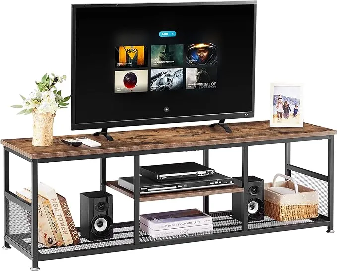 VECELO Industrial TV Stand for Televisions Up to 80 inch, 70" Entertainment Center with Open Storage Shelves for Living Room/Bedroom, 3 Tiers Media