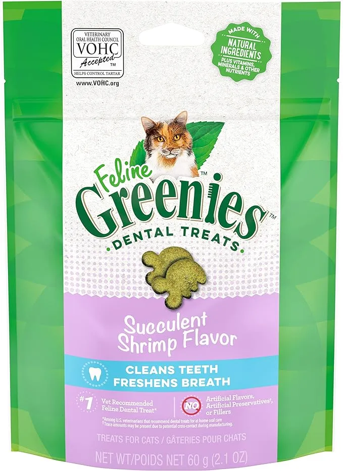 Greenies Feline Adult Natural Dental Care Cat Treats, Succulent Shrimp Flavor, (10) 2.1 oz. Pouches