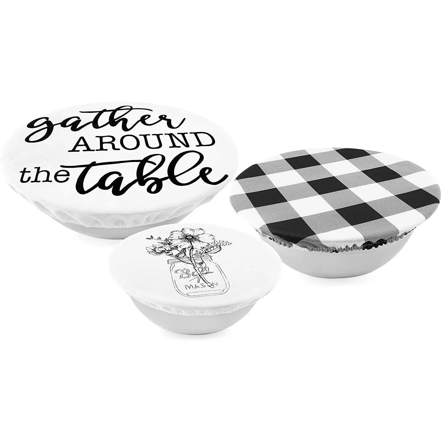 AuldHome Reusable Fabric Bowl Covers (Set of 3); Rustic Farmhouse Themed Black and White Stretchy Cloth Bowl Covers