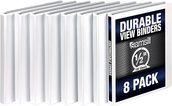 Samsill Durable .5 Inch Binder, Made in the USA, Round Ring Customizable Clear View Binder, White, 8 Pack (S88417)