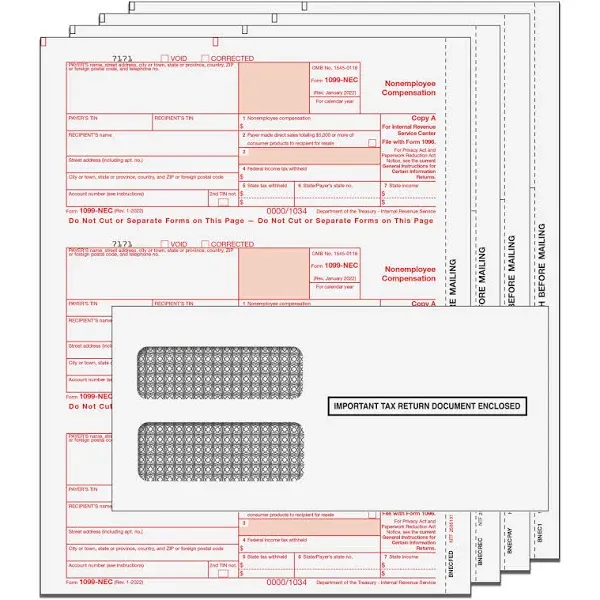 2021 1099-NEC Nonemployee Compensation Preprinted 4-Part 3-Up TaxPacks with Envelopes (Self-Seal) and 1096 Transmittal Forms | Qty for 10 Nonemployees | IRS Approved | Compatible with QuickBooks