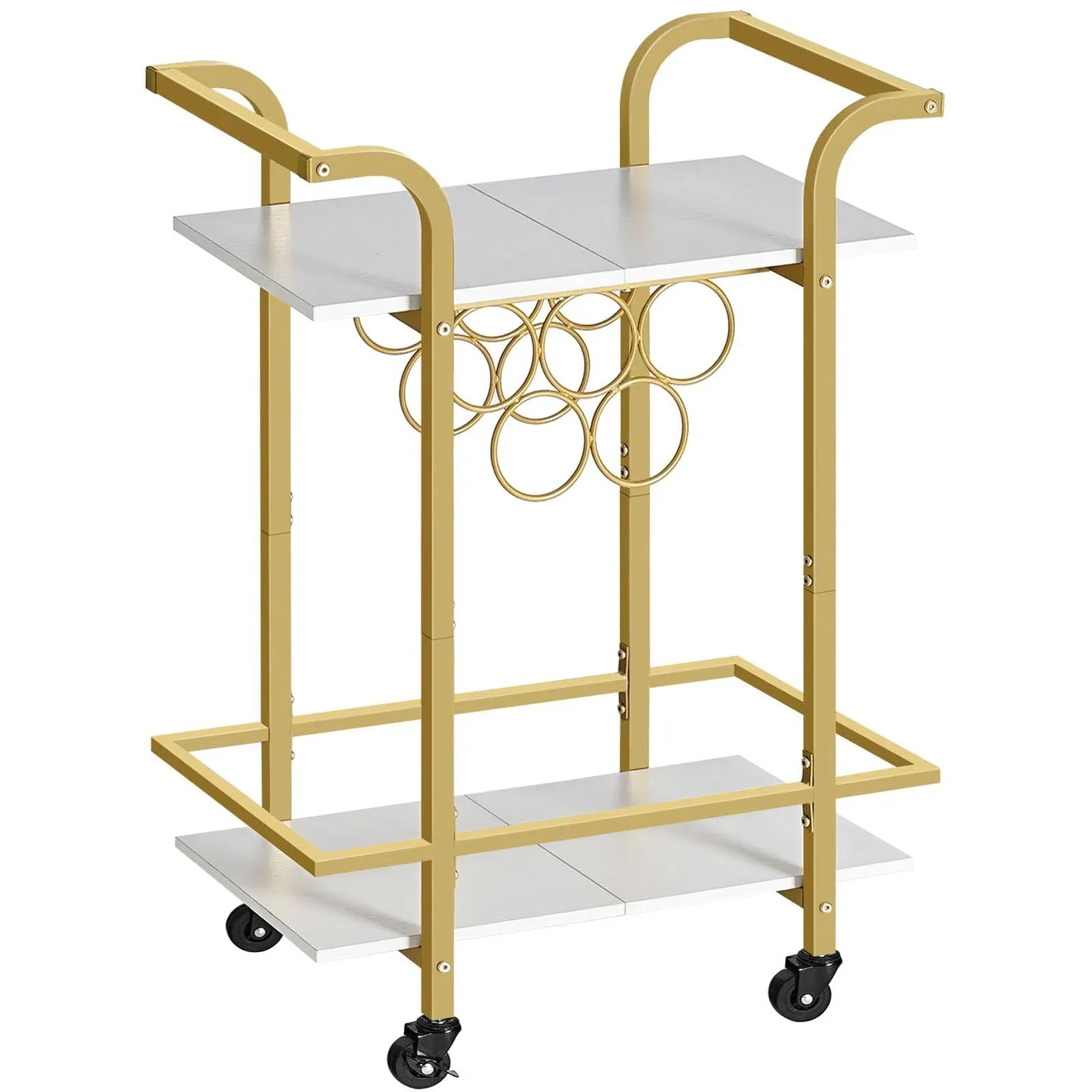 HOOBRO Gold Bar Cart for Home, 2-Tier Serving Cart with Wine Rack, Kitchen Cart with Lockable Wheels, Rolling Wine Cart for Living Room, Party, Bar, White and Gold DW56TC01