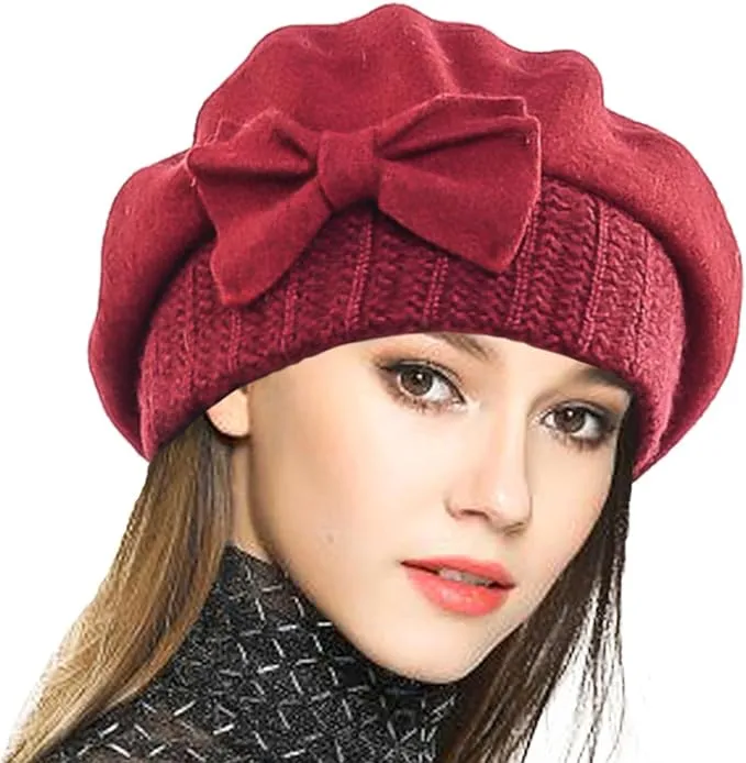 VECRY Lady French Beret 100% Wool Beret Floral Dress Beanie Winter Hat (Bow-Claret)