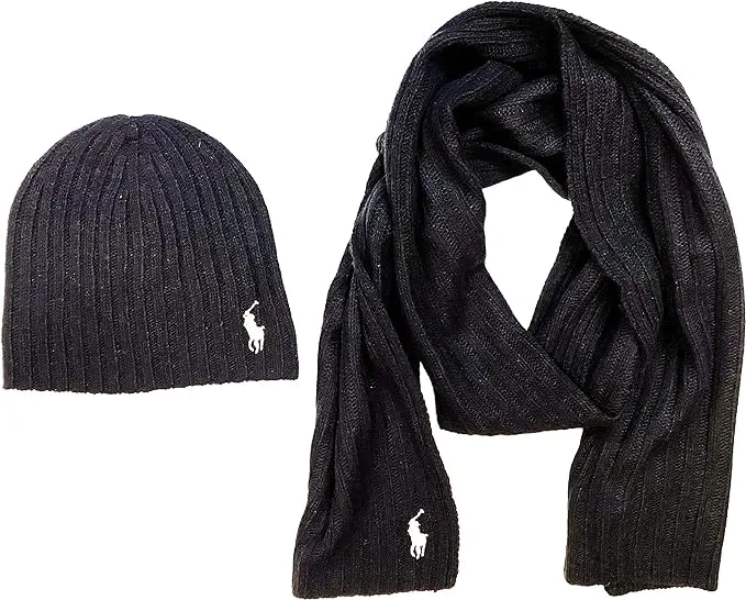 Polo Ralph Lauren Men&#039;s Black Beanie Hat Cap Winter Scarf 2 Pc Set Wool Blend