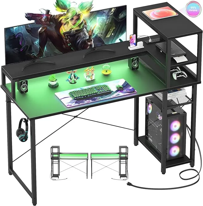 Cyclysio Gaming Desk 39", Computer Desk with Reversible Storage Shelves, Home Office Desk with Power Outlets & RGB Led Lights, Small Desk for Gaming, Studying, Working Black