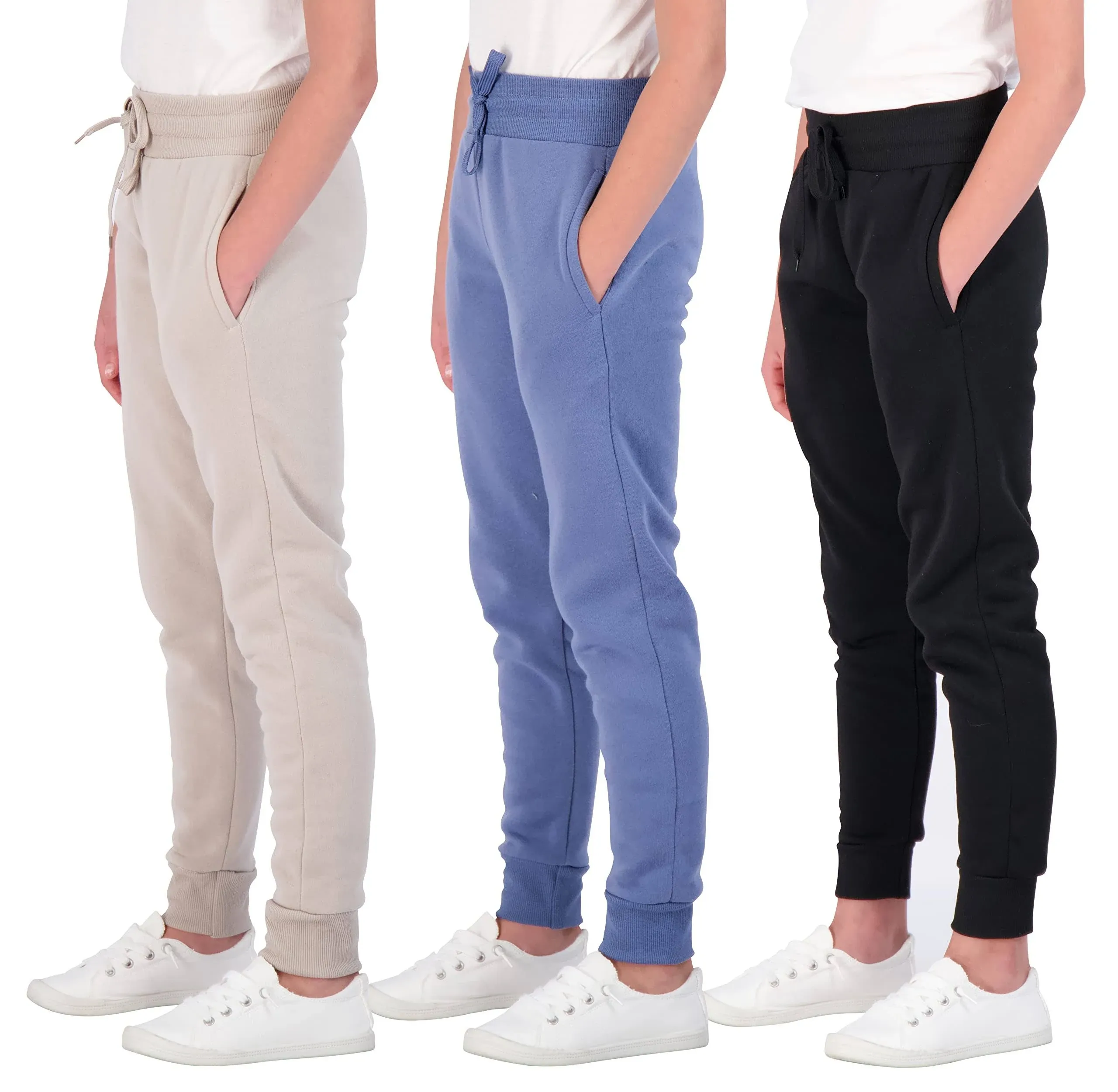 Real Essentials 3 Pack: Girls' Fleece Joggers Soft Active Performance Casual ...