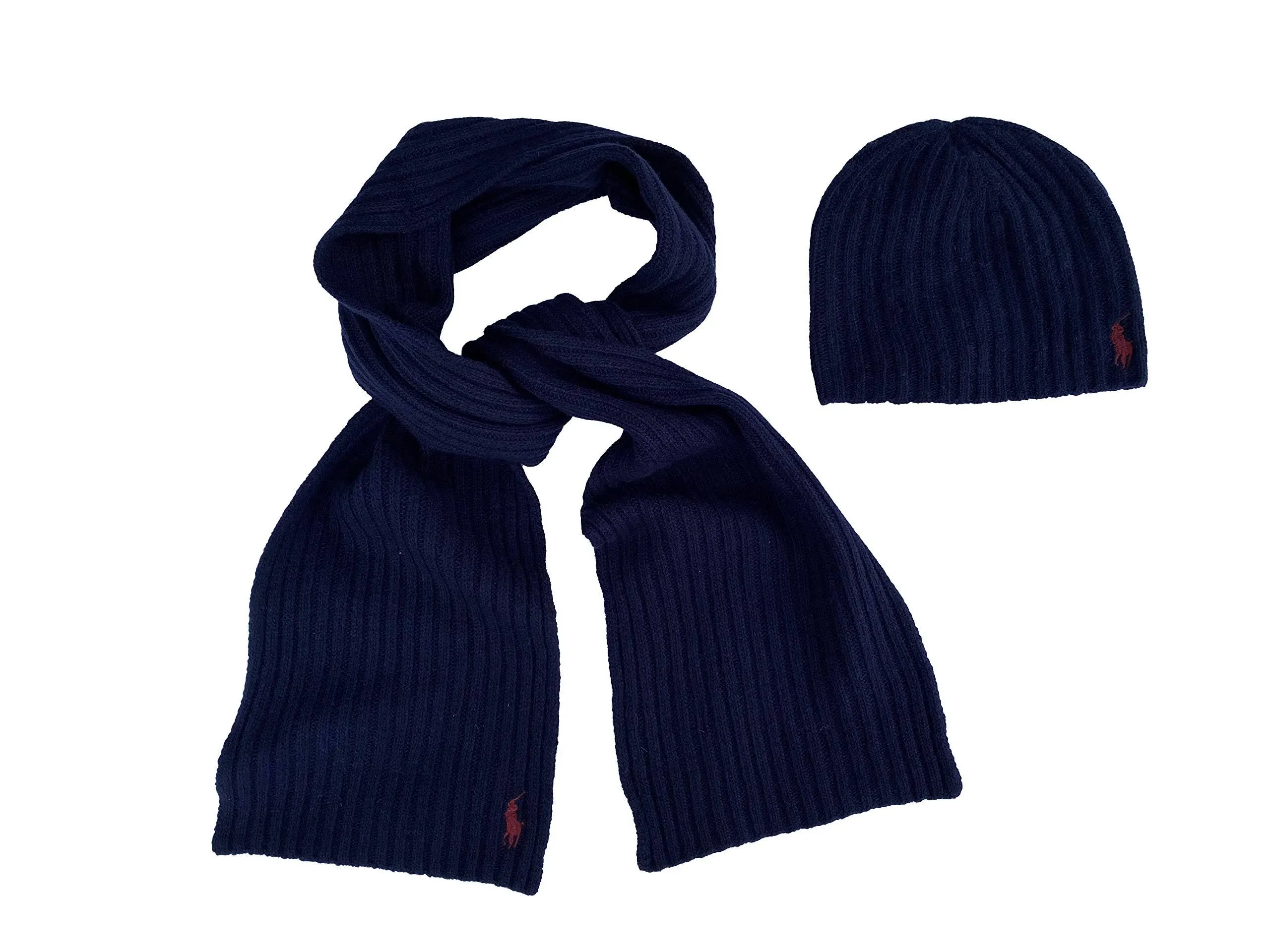 Polo Ralph Lauren Lamb&#x27;s Wool Blend Scarf &amp; Beanie Hat Set - Blue w/ Red Pony