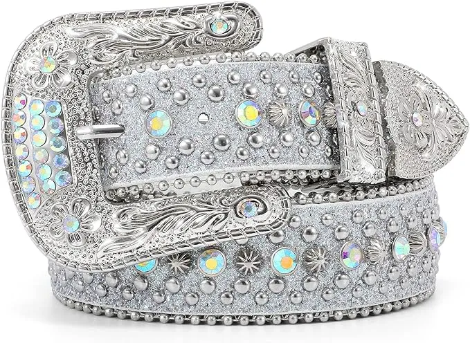 WERFORU Men Women Rhinestone Studded Western Leather Belt Western Cowboy Cowgirl