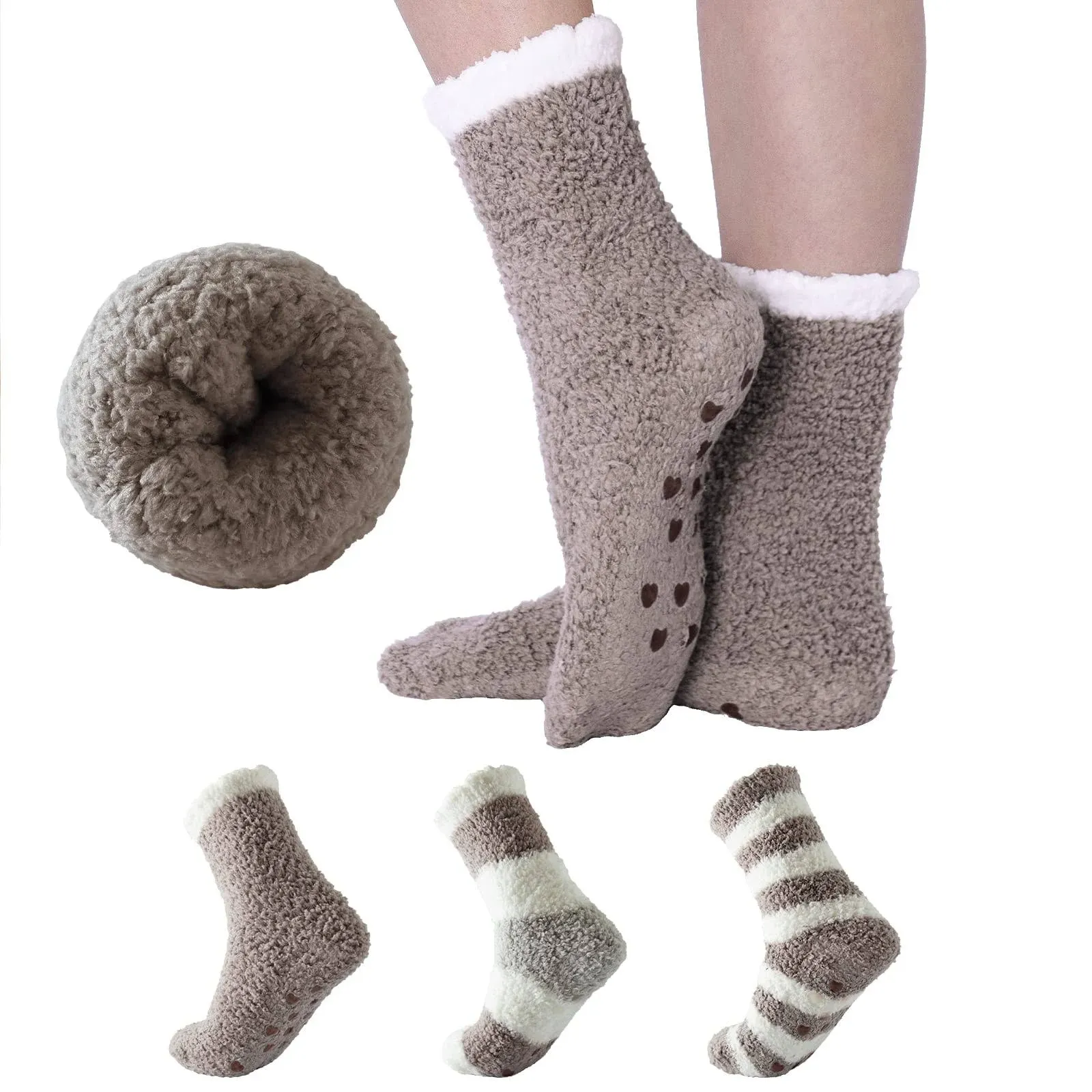 Bulinlulu Warm Socks for Women 3 Pairs Plush Size Fuzzy Socks with Grips Non ...