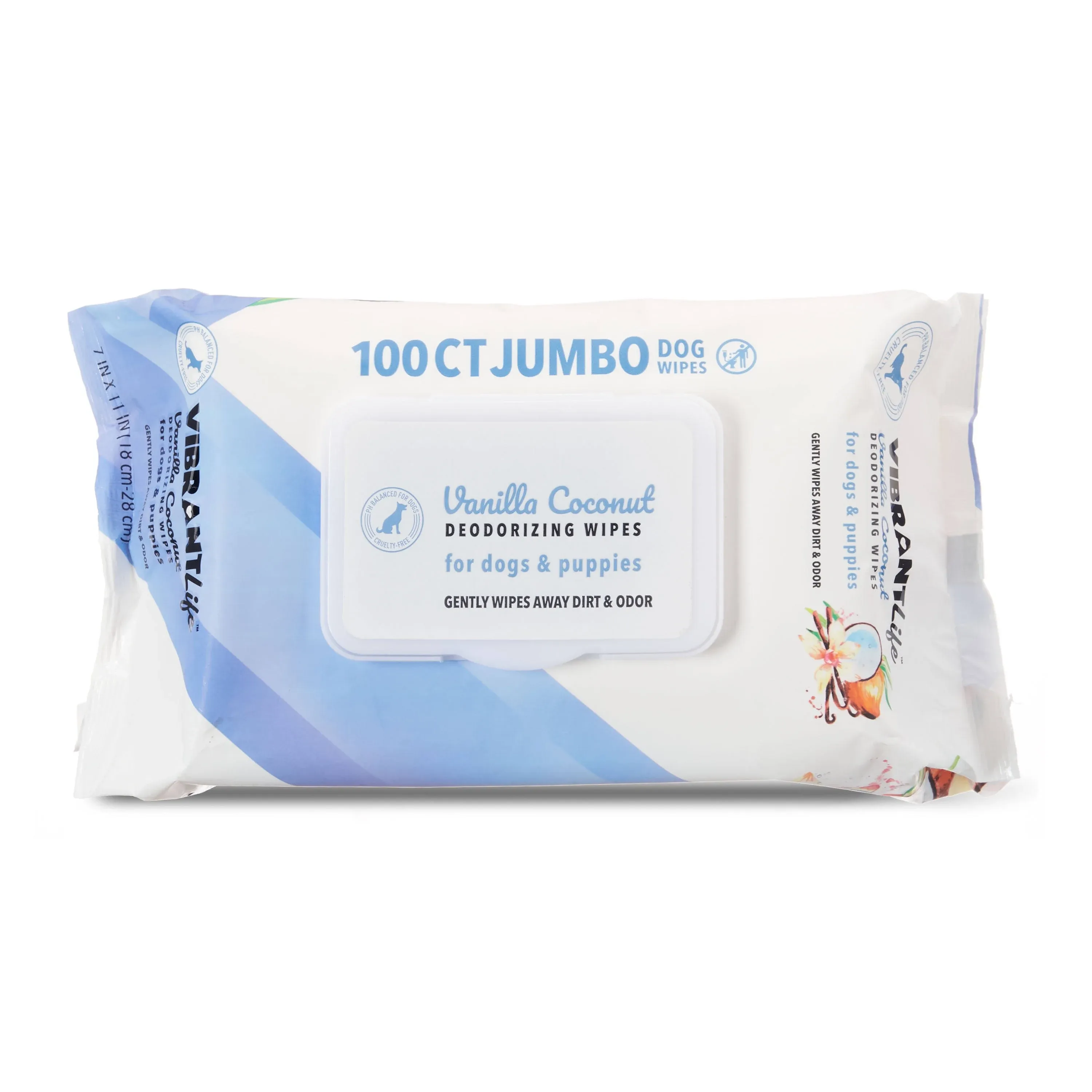 Vibrant Life Jumbo Deodorizing Wipes for Dogs &amp; Puppies, Vanilla Coconut 100 Ct,