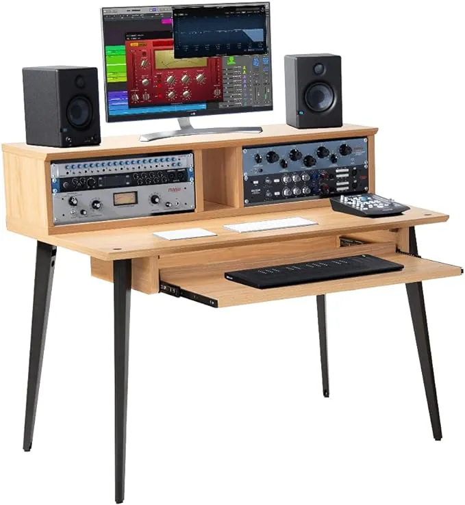 Gator Frameworks Elite Series Studio Desk Workstation with (8U) Adjustable Rack Shelves and Sliding Keyboard Tray; Natural Maple Finish (GFW-ELITEDESK-MPL)