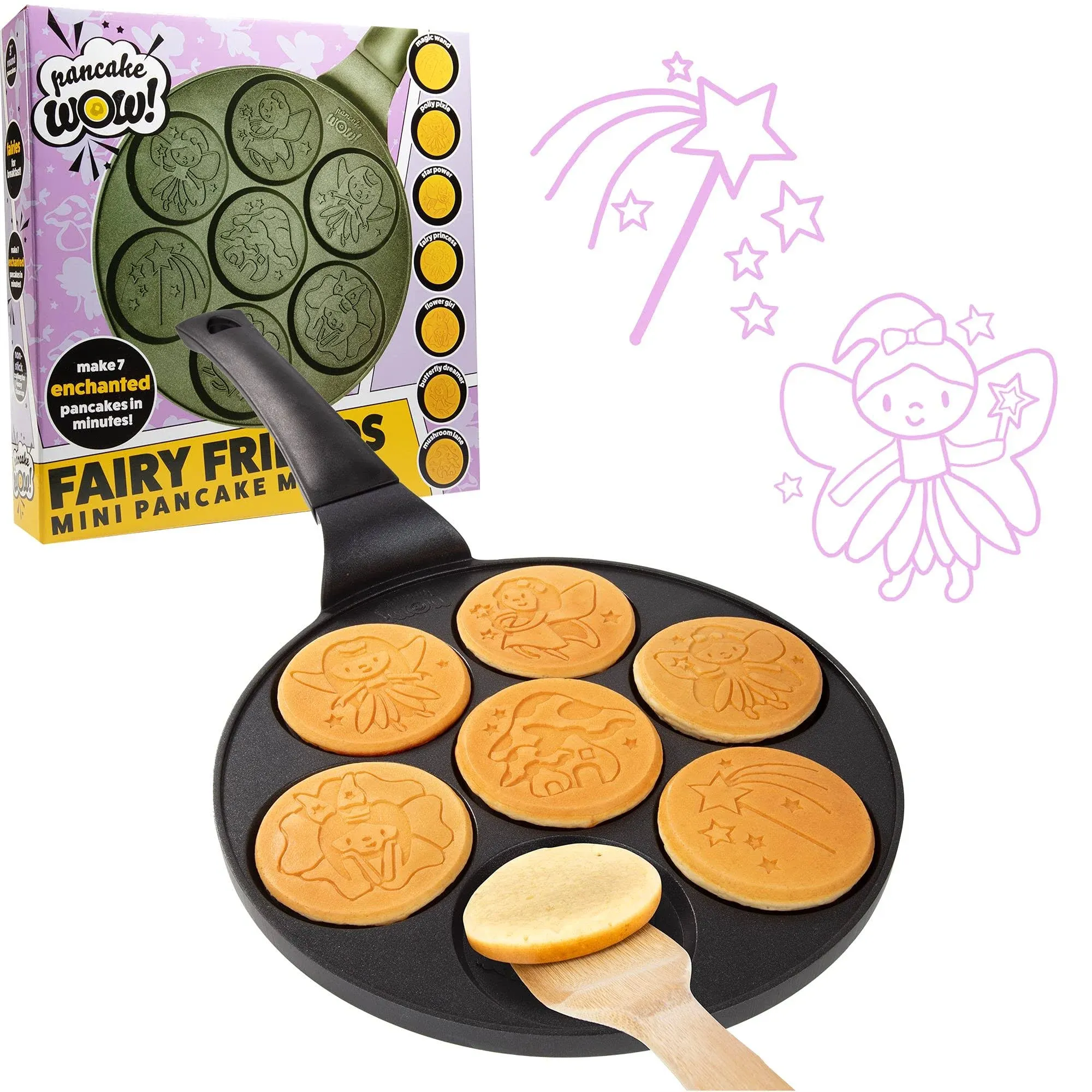 Fairy Friends Mini Pancake Pan - Make 7 Unique Flapjacks - Nonstick Griddle for Breakfast Magic & Quick Easy Cleanup - Fun Christmas Gift for Kids and Adults, Boys or Girls, Holiday Party Treat