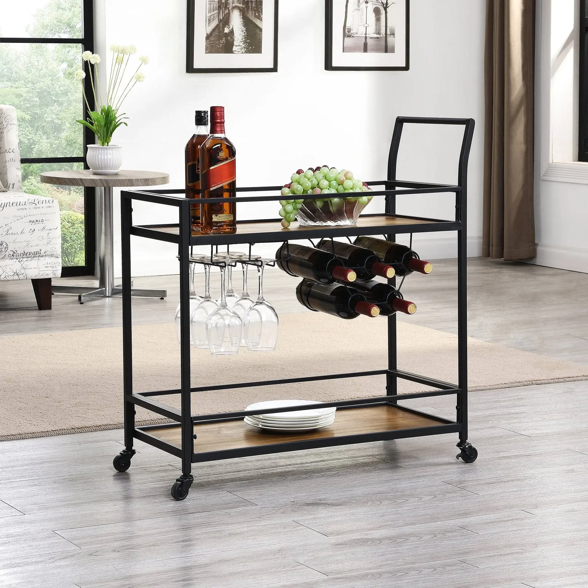 Black and Brown Gardner Bar Cart, 2 Tier Mobile Mini Bar, Kitchen Serving Cart a