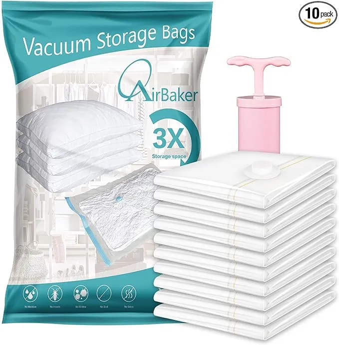 Airbaker 10 Pack (Small) Vacuum Storage Bags, Space Saver Sealer Bags for Clothes ...