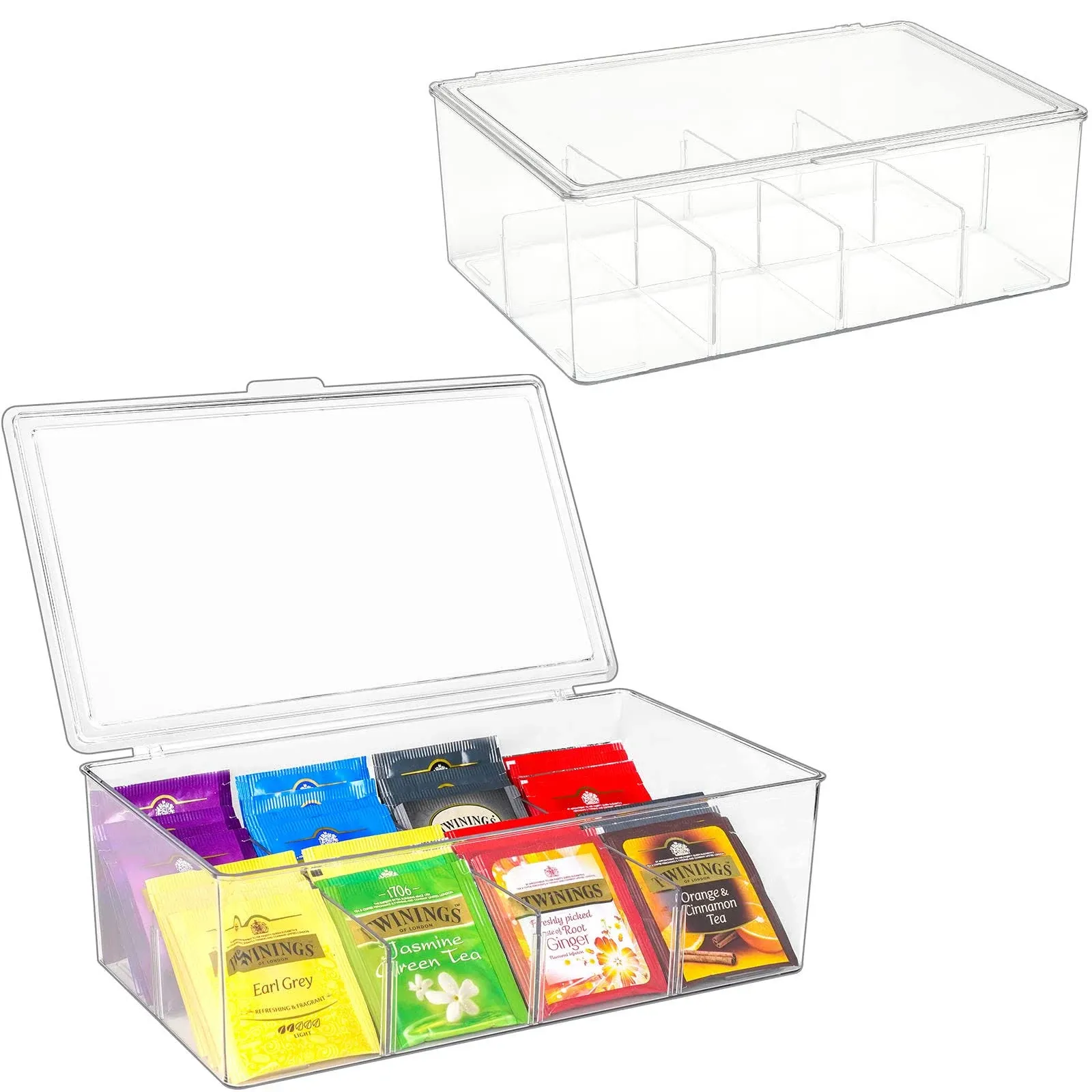 Puricon Tea Bag Organizer - Clear Acrylic 2 Pack with Lid Stackable Storage for Cabinet or Countertop