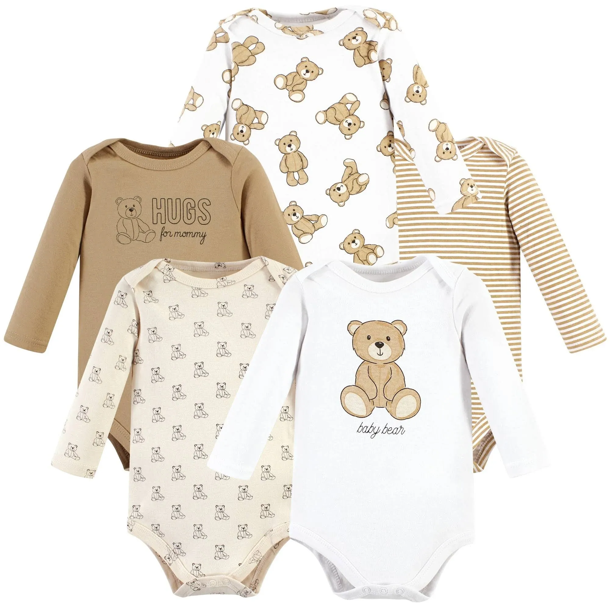 Hudson Baby Cotton Long-Sleeve Bodysuits, Teddy Bears 5-Pack, Newborn