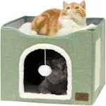 Bedsure Cat Beds for Indoor Cats - Large Cat Cave for Pet Cat House with Fluffy Ball Hanging and Scratch Pad, Foldable Cat Hideaway,16.5x16.5x13 inches, Blue