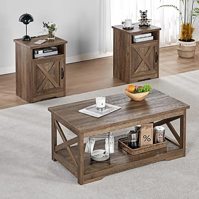 3-Piece Farmhouse Table Set Includes Coffee Table&amp; Two End Tables, Side Table wi