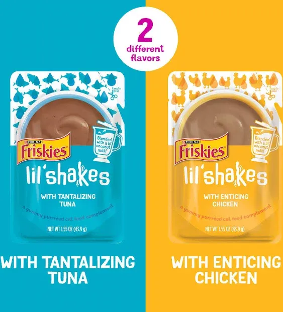 Purina Friskies Pureed Cat Food Topper Variety Pack, Lil' Shakes With Chicken and With Tuna Varieties Lickable Cat Treats - (Pack of 18) 1.55 oz. Pouches