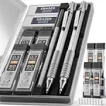 Nicpro 2 PCS Mechanical Pencil 0.5mm & 0.7 mm with Case, MP1000 Metal Artist Pencil Set with 6 Tubes HB Lead Refills, 3 Erasers, 9 Eraser Refills For Art Writing Drafting, Drawing, Sketch, Silver