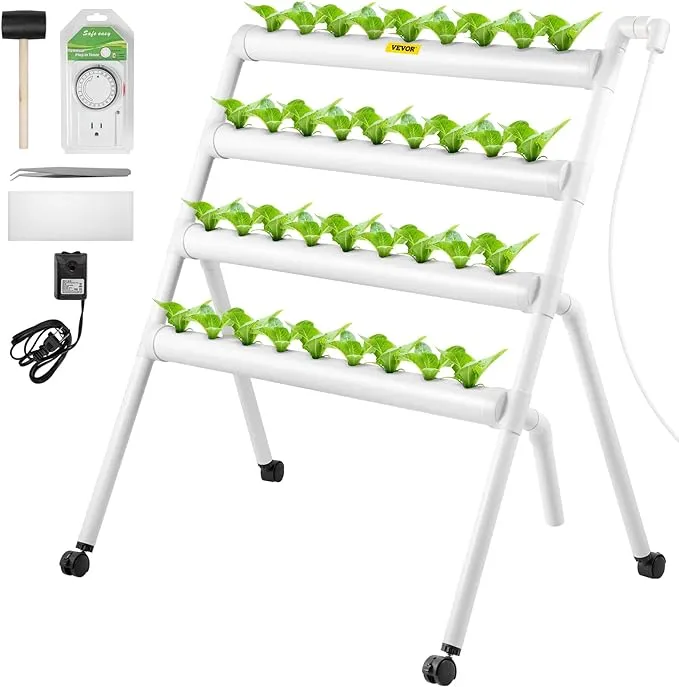 VEVOR Hydroponics Growing System, 36 Sites 4 Food-Grade PVC-U Pipes, 4 Layers Indoor Planting Kit with Water Pump, Timer, Nest Basket, Sponge for Fruits, Vegetables, Herb, White