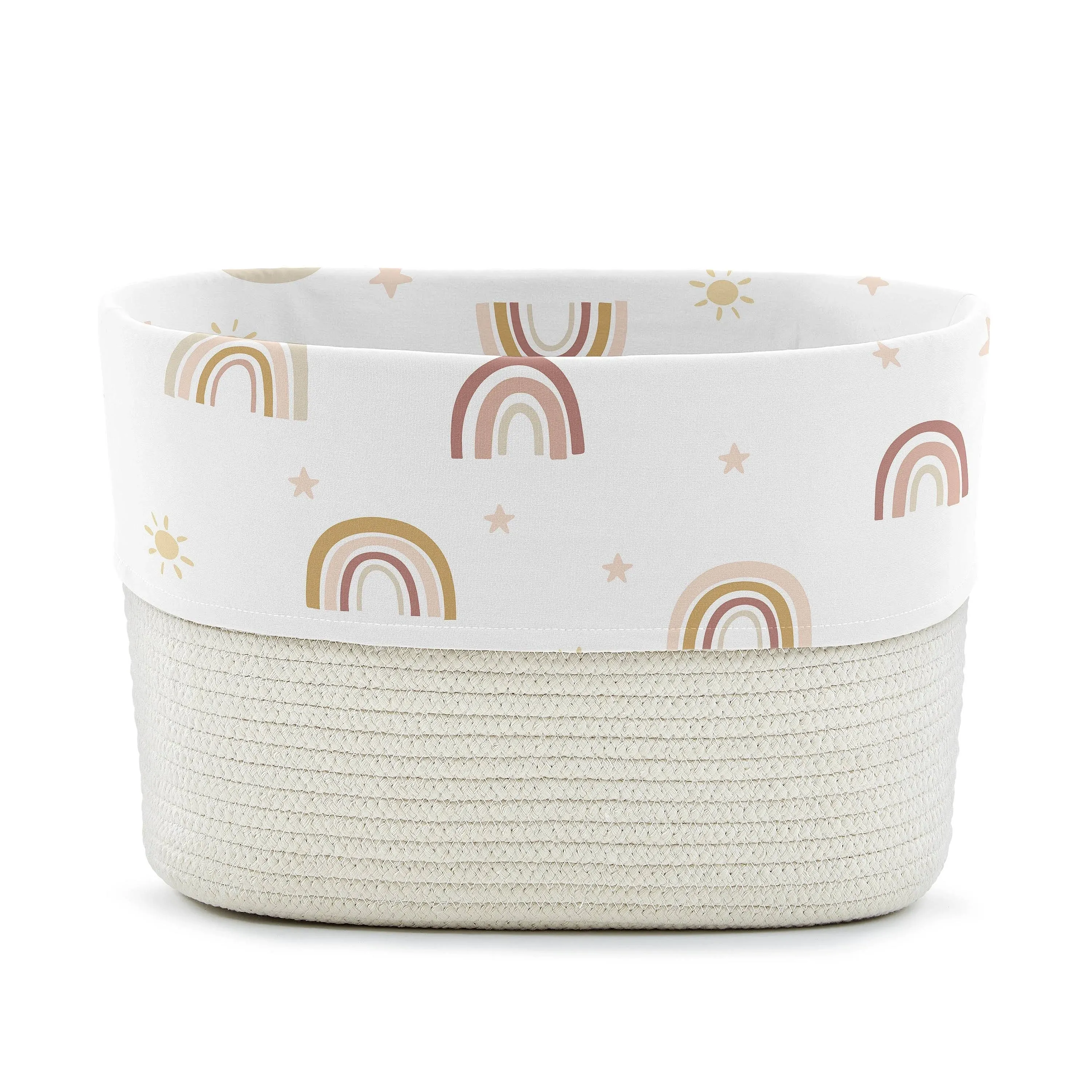 Sweet Jojo Designs Boho Rainbow Girl Woven Storage Basket Decorative Cotton Rope Lined Bin Baby Nursery Kids Bedroom Toys Closet Shelf Organizer Blush Pink Bohemian Modern Neutral Vintage Gold Taupe