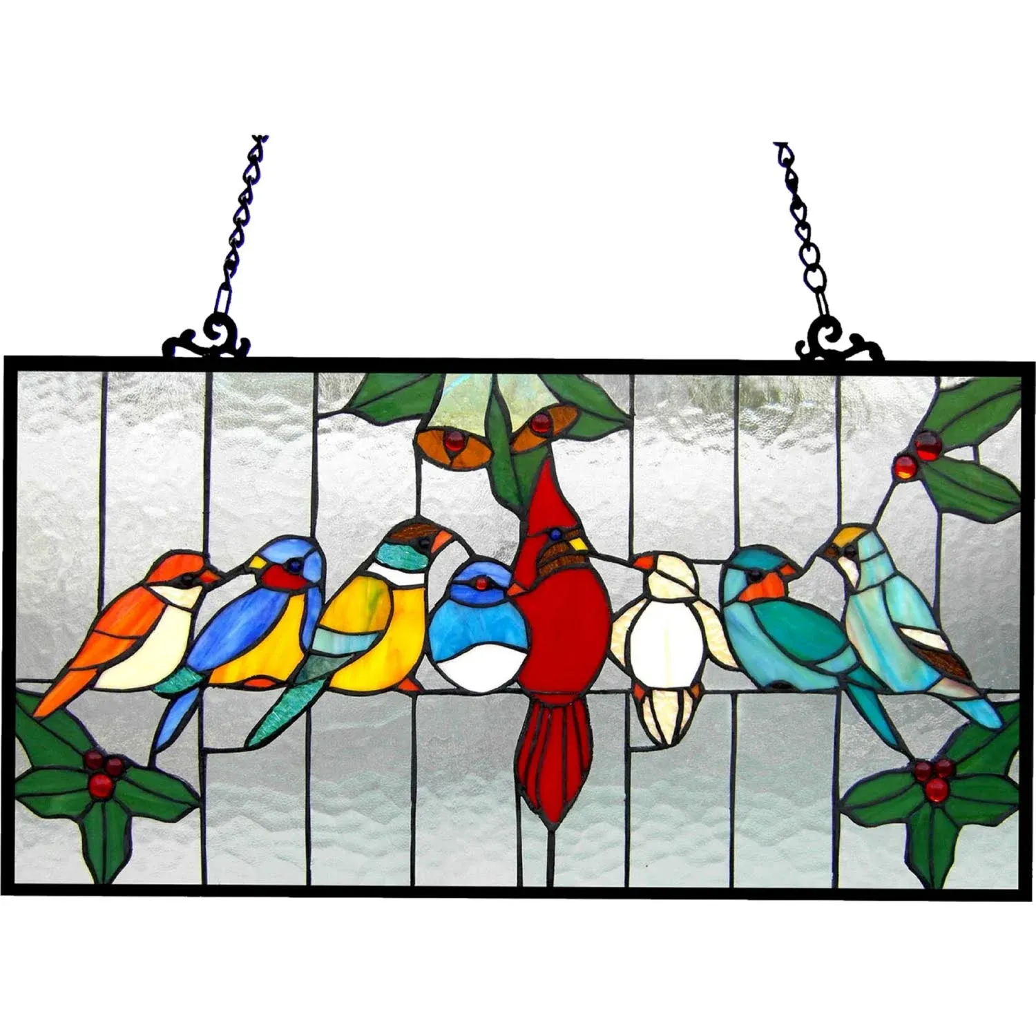 Chloe Lighting CH1P150RA25-GPN Aves Tiffany-Glass Gathering Birds Window Panel 24.5x12.5