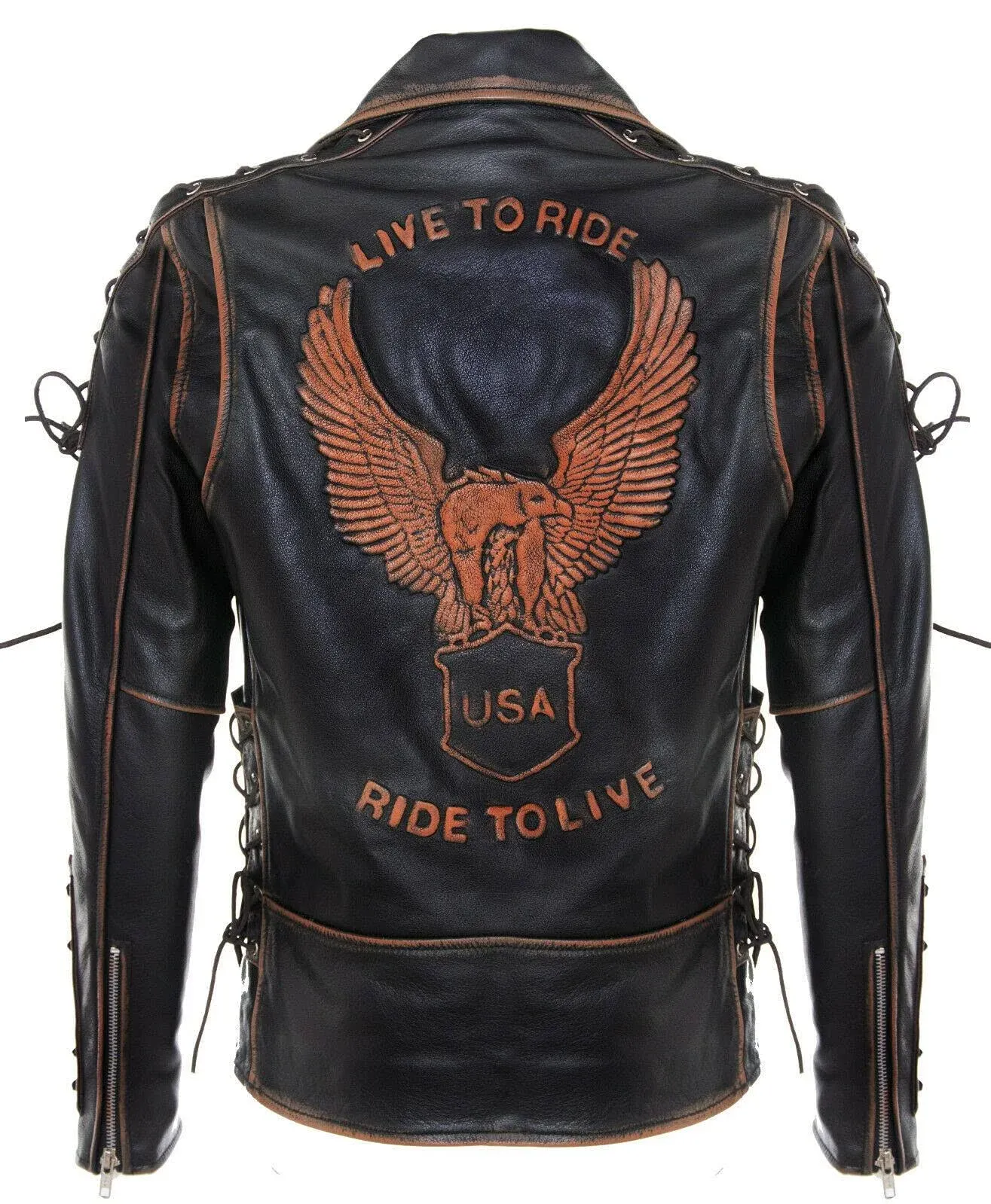 Mens Vintage Black Brando “Live to Ride” Embossed Eagle Leather Biker Motorcycle Jacket