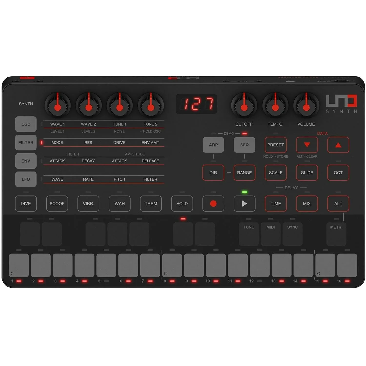 IK Multimedia UNO Synth portable monophonic real analog synthesizer with sequencer, arpeggiator, battery operation, full MIDI / USB control and Mac/PC/iPad editor software