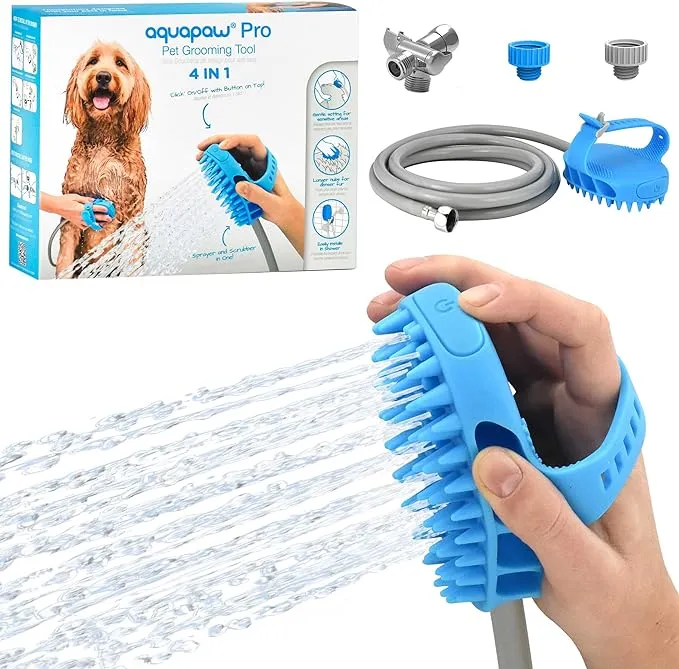 Aquapaw Dog Bath Brush Pro - Sprayer and Scrubber Tool in One - Indoor/Outdoor Dog Bathing Supplies - Pet Grooming for Dogs or Cats with Long and Short Hair - Dog Wash with Hose and Shower Attachment