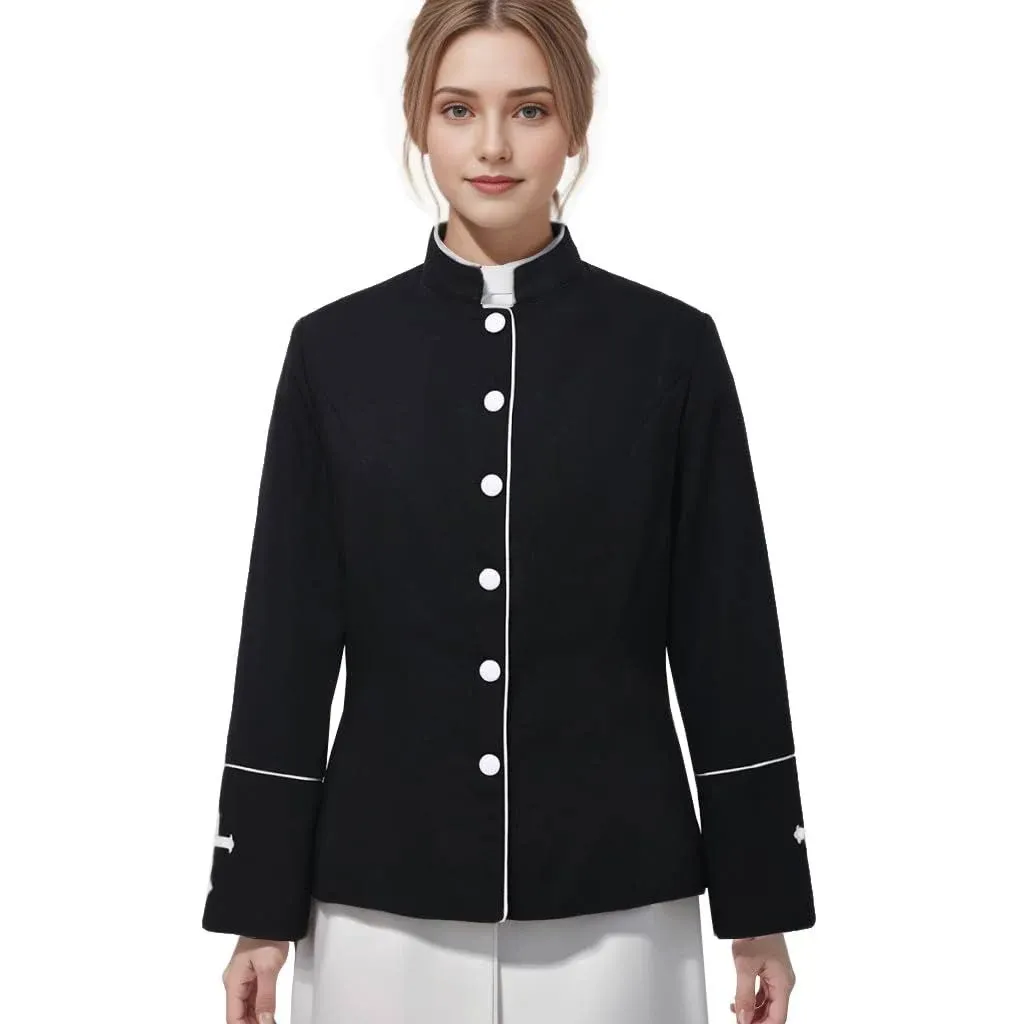 FAD-4U Women Long Sleeves Clergy Coat with Stand Up Collar Button Down Pastor ...