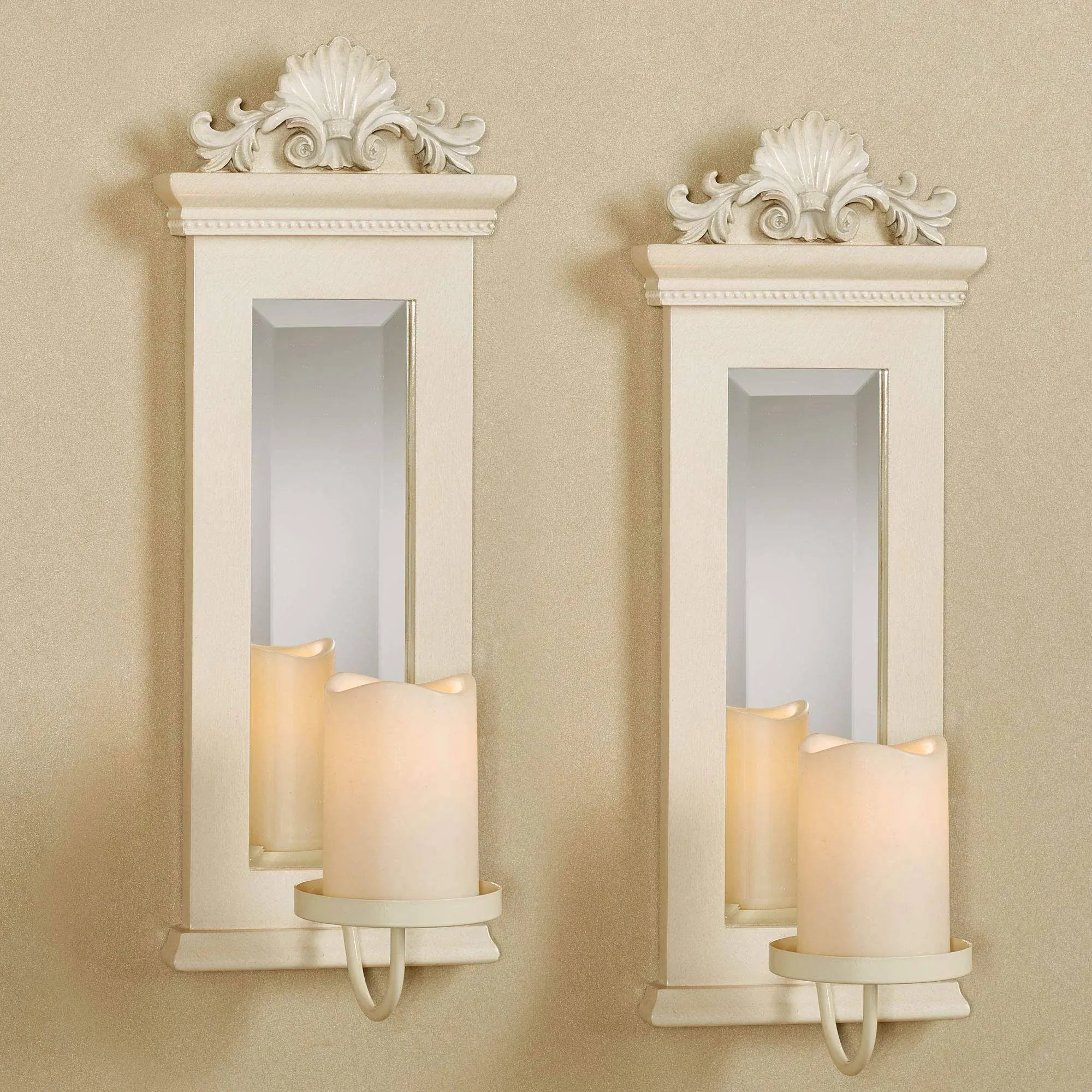 Acanthus Mirrored Wall Sconces Gold Set of Two - Beveled Mirror - Large Ornate Candle Holder Pair - Elegant Wall Decor for Bedroom, Dining, Living