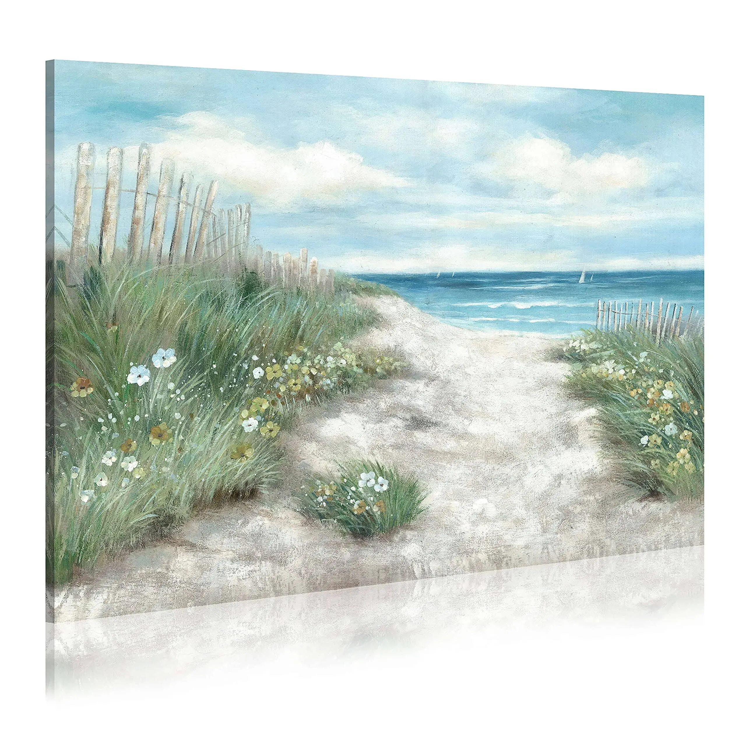 WALLSUP Decor Abstract Beach Coastal Painting Canvas: Flower & Straw with Blue ...