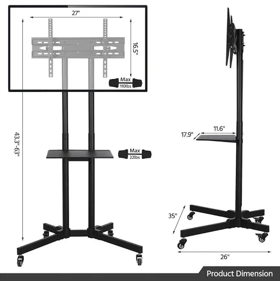 Yaheetech Mobile TV Stand with Wheels for 32-75 Inch LCD LED Screens TVs, Height-Adjustable Rolling TV Cart Hold up to 110 lbs, Trolley Floor Stand w/Tray, Max VESA 600x400mm