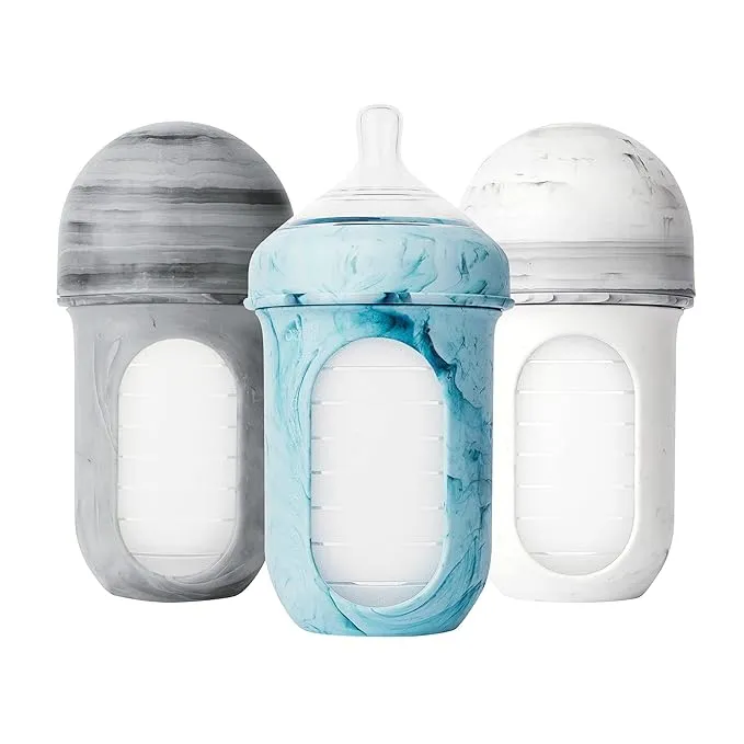 Boon NURSH Reusable Silicone Baby Bottles with Collapsible Silicone Pouch Design — Everyday Baby Essentials — 3 Count — Stage 1 Slow Flow — 4 Oz — Mint