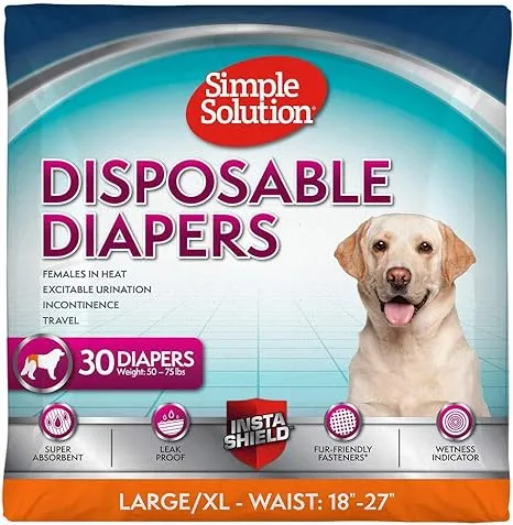 Simple Solution True Fit Disposable Dog Diapers for Female Dogs | Super Absorbent with Wetness Indicator | 30 Count, White, L/XL