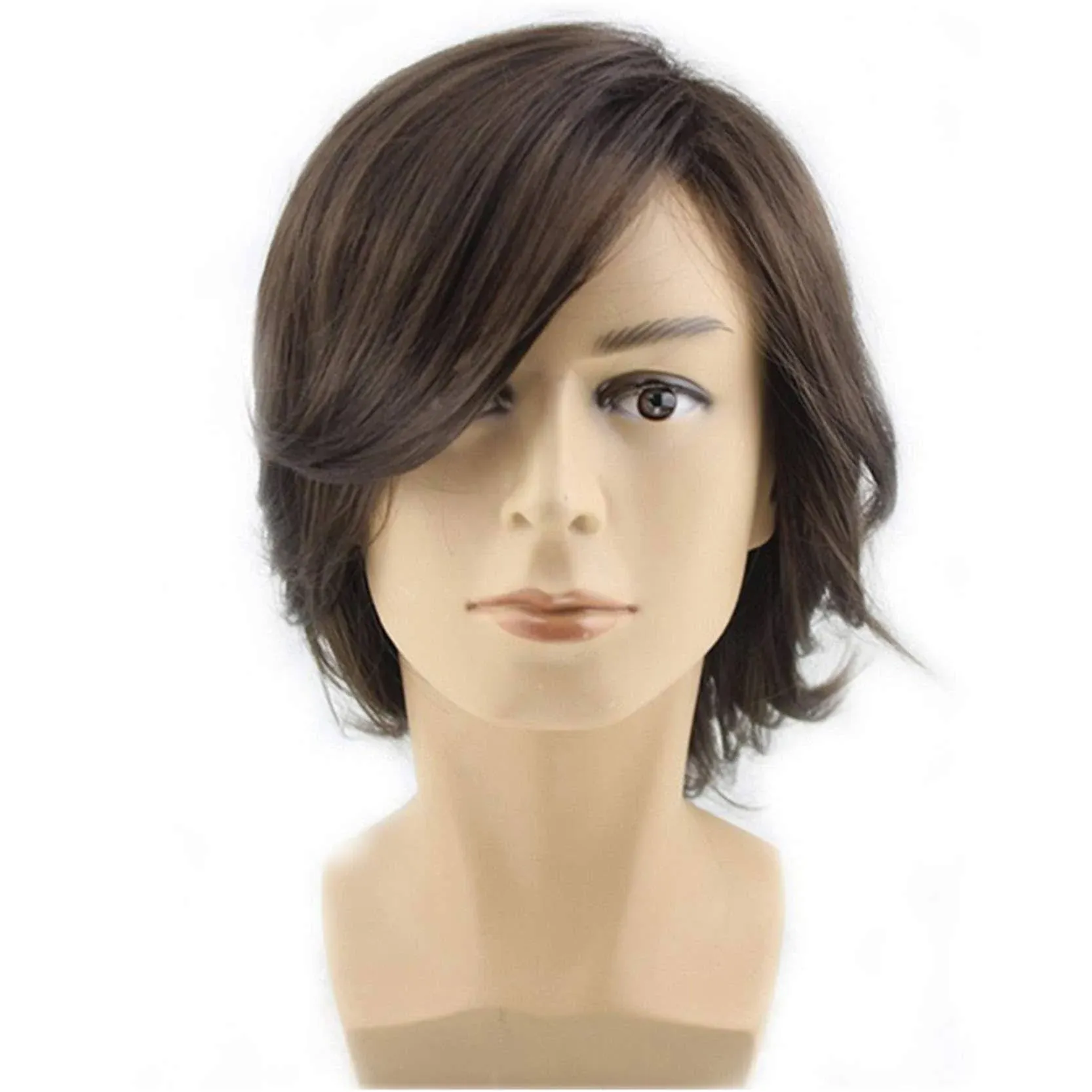 BERON Men's Brown Short Wig Medium Style Wavy Bouncy Side Swept Fringe Bang Hairstyle Wig Heat Resistant Synthetic Hair Wigs with Wig Cap Dark Brown