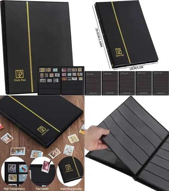 120 Pockets Stamp Album - Mixed Sizes Double-side Pages Artificial Leather Postage Stamp Holder Storage Book for Currency Banknotes Paper Folding Money Bills Documents Collection Black AS03MX1BK