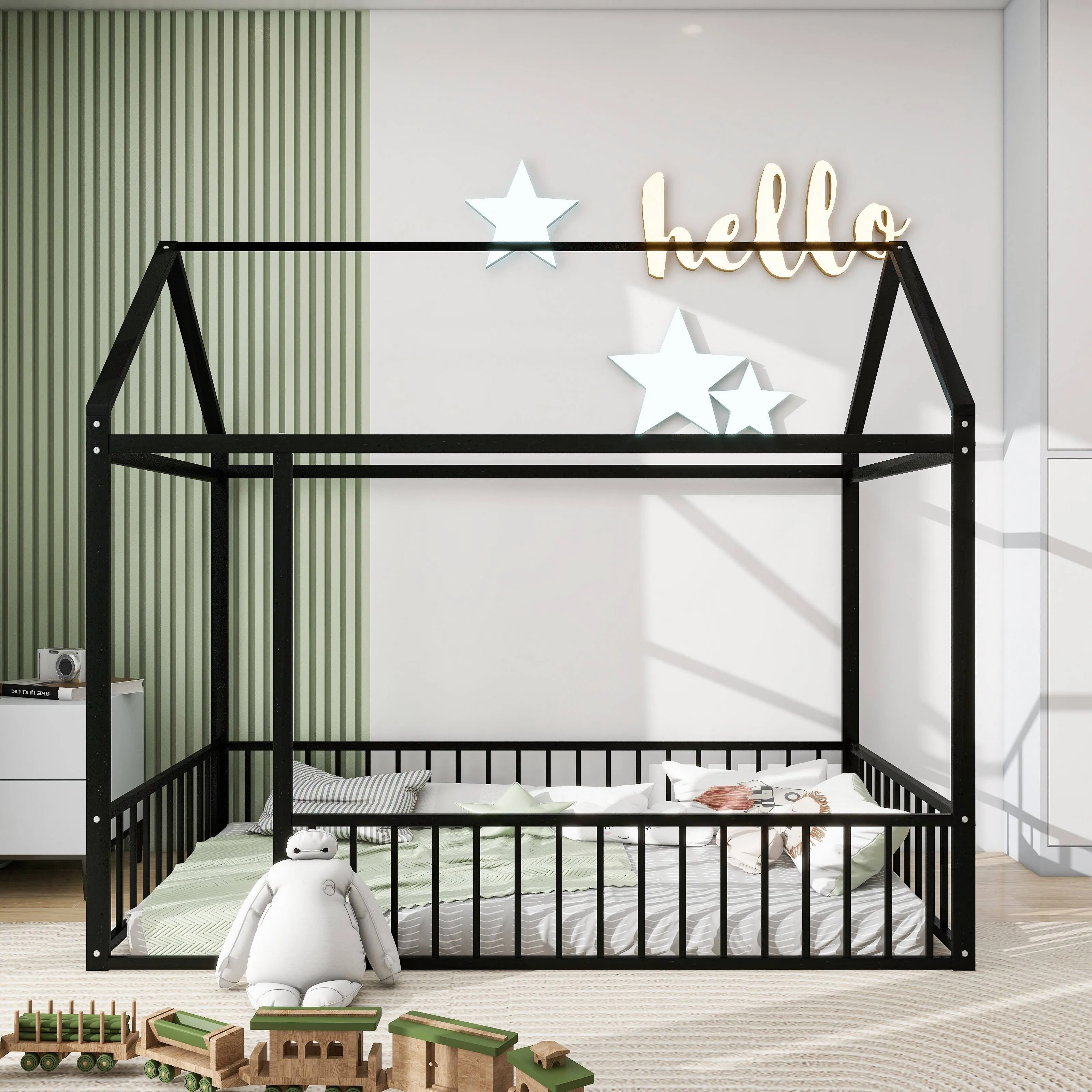 House Bed Metal Montessori Floor Bed for Kids, Metal House Bed Frame with Fence ...