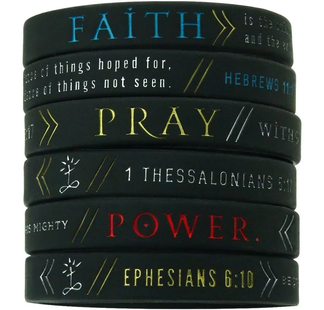 (6-pack) &#034;Faith, Power, &amp; Pray&#034; Bible Wristbands - Hebrews 11:1, Ephesians 6:10,